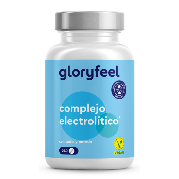 Un frasco de Tabletas de Electrolitos de gloryfeel GmbH España contiene 240 tabletas, etiquetadas &quot;con sodio y potasio&quot;, y tiene una certificación vegana visible.