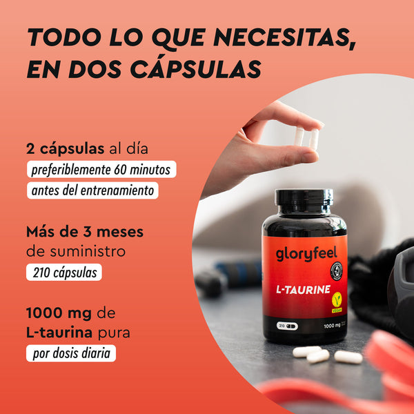Una mano sostiene dos cápsulas sobre una botella de L-Taurina de gloryfeel GmbH España, con instrucciones de dosificación y beneficios del producto.