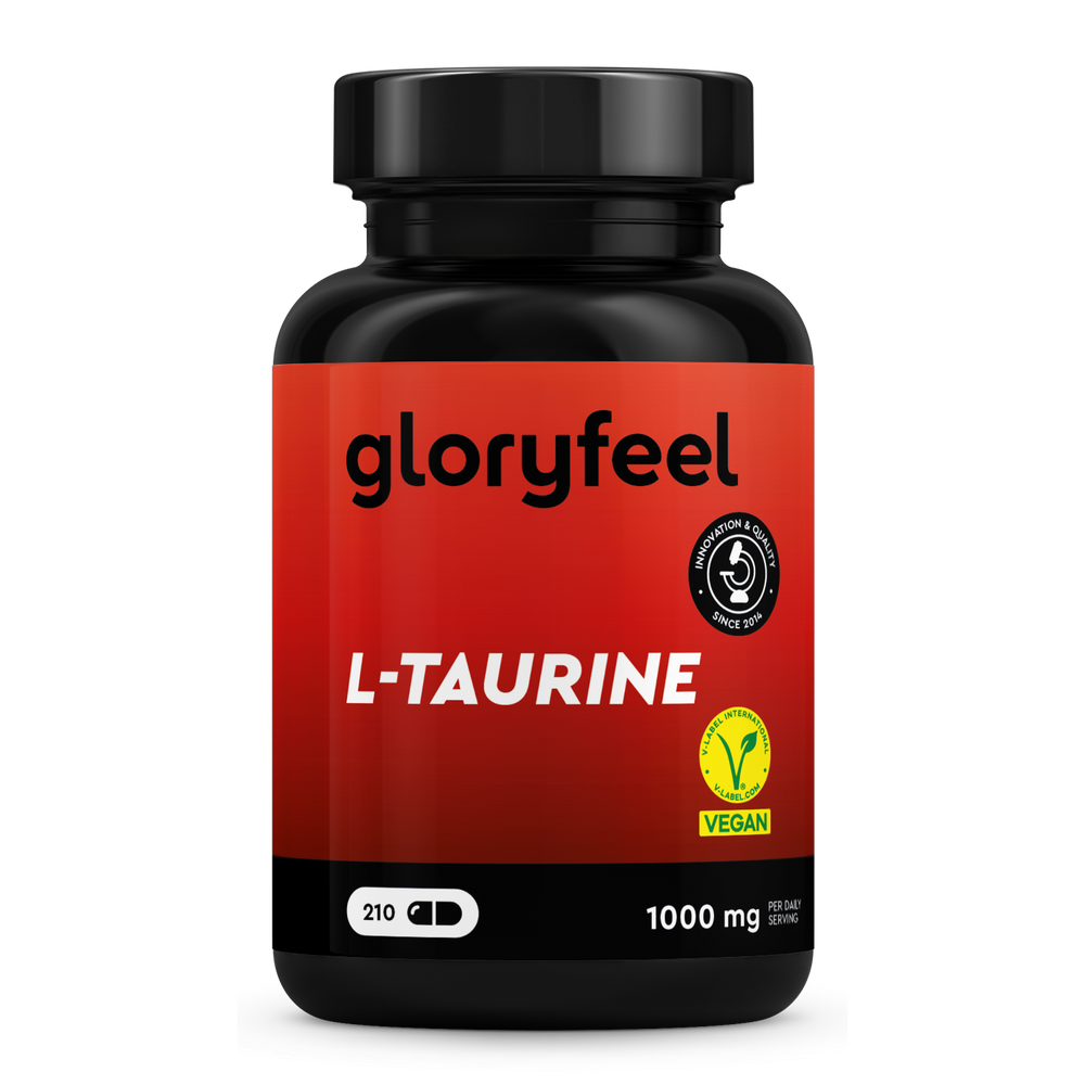 Un frasco de L-Taurina de gloryfeel GmbH España, 1000 mg, 210 cápsulas con certificación vegana y garantía de calidad en la etiqueta.