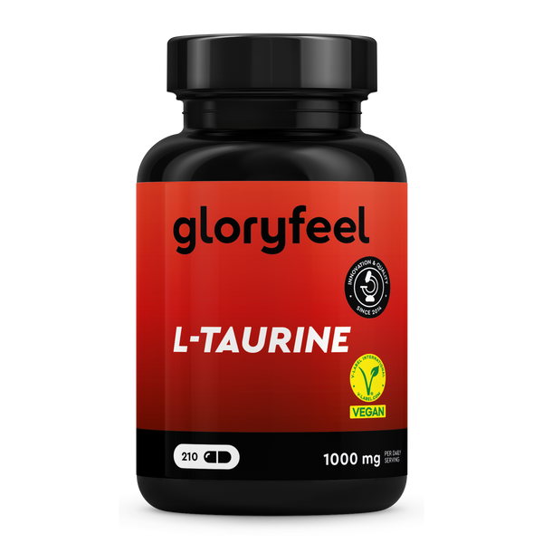 Un frasco de L-Taurina de gloryfeel GmbH España, 1000 mg, 210 cápsulas con certificación vegana y garantía de calidad en la etiqueta.