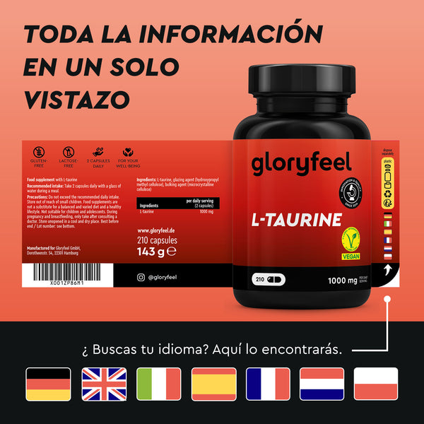 El suplemento de L-Taurina de gloryfeel GmbH España viene en una botella con detalles de etiqueta en español, con un símbolo vegano, opciones de idioma de la bandera e información sobre el peso y la cantidad del producto.