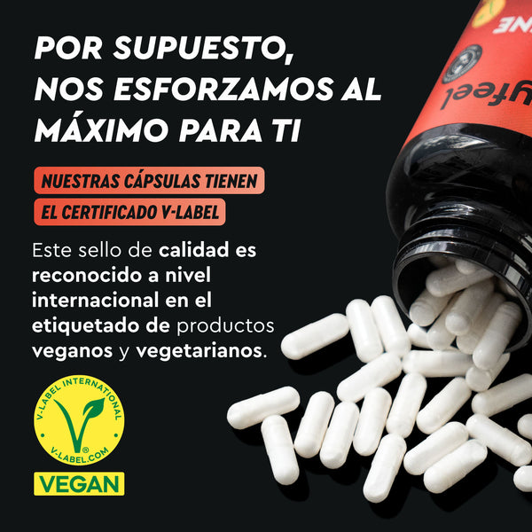Las cápsulas de L-Taurina de gloryfeel GmbH España se derraman desde una botella que exhibe la certificación V-Label, que resalta sus estándares de calidad veganos y vegetarianos.
