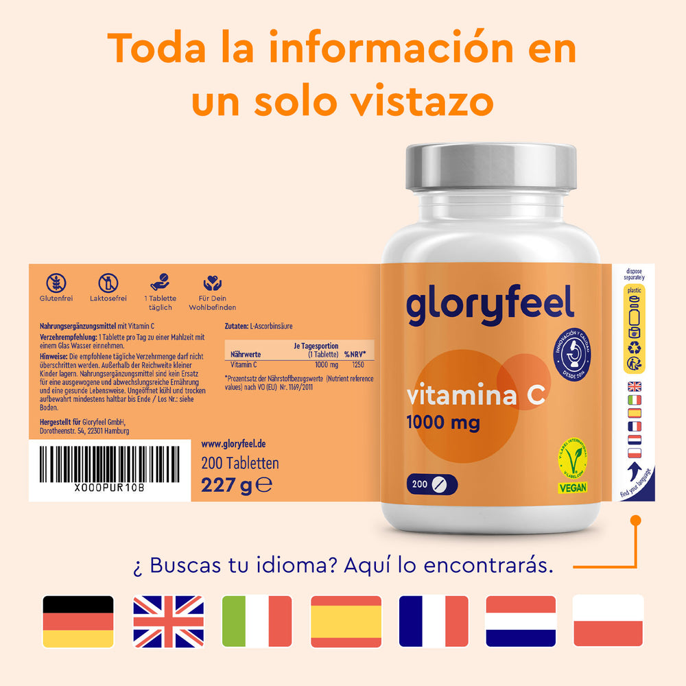 La vitamina C en tabletas de GloryFeel GmbH España se presenta en un frasco blanco con etiqueta naranja y azul, con 1000 mg por dosis. Este producto con certificación vegana apoya el sistema inmunitario y promueve la producción de colágeno, e incluye un envase multilingüe.