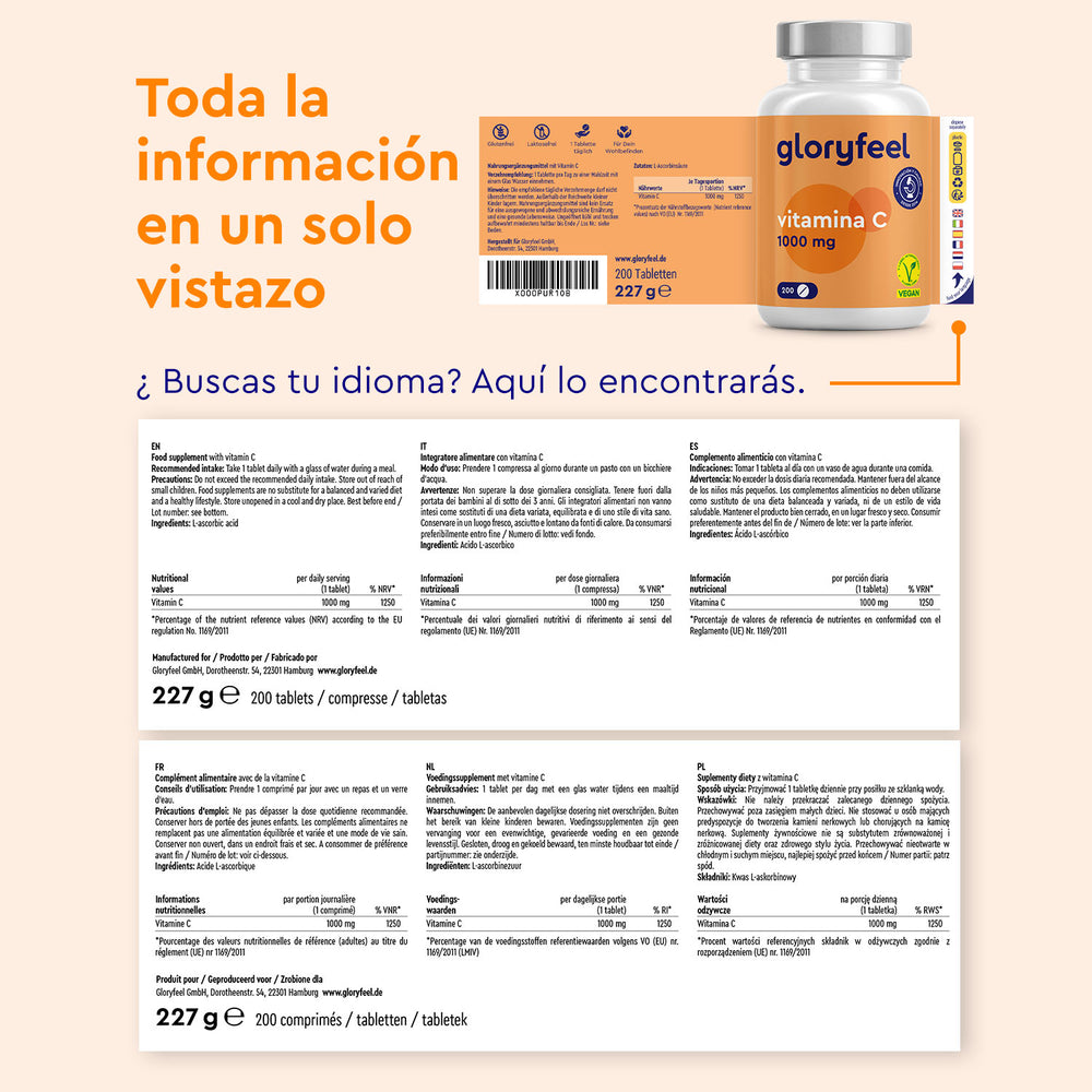 Descubre la Vitamina C en tabletas de GloryFeel GmbH España, una combinación perfecta de vitamina C y colágeno. El envase multilingüe incluye dosis, ingredientes y detalles del producto para apoyar tu sistema inmunitario. ¡Disfruta del bienestar con cada dosis!.