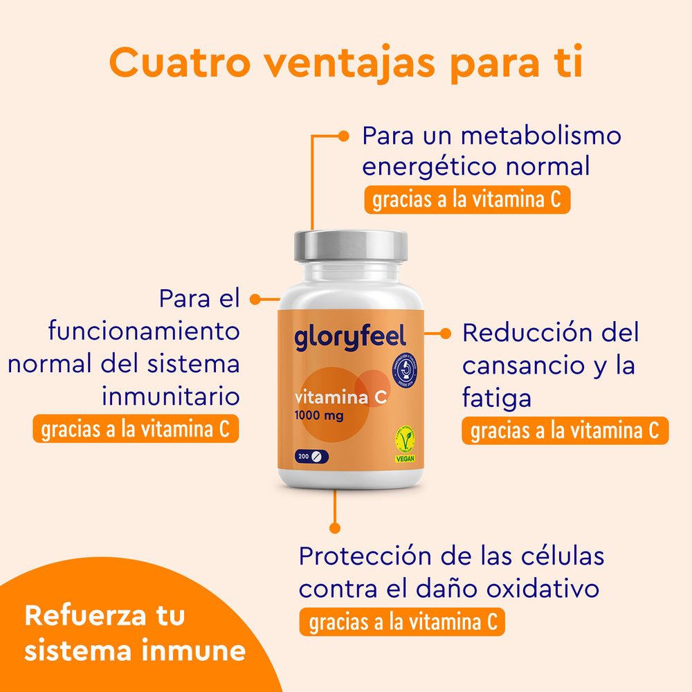 La infografía bilingüe presenta una botella de Vitamina C en tabletas de GloryFeel GmbH España, destacando beneficios como estimular el sistema inmunológico, apoyar el metabolismo energético, reducir la fatiga, ayudar a la formación de colágeno y proteger contra el daño oxidativo.