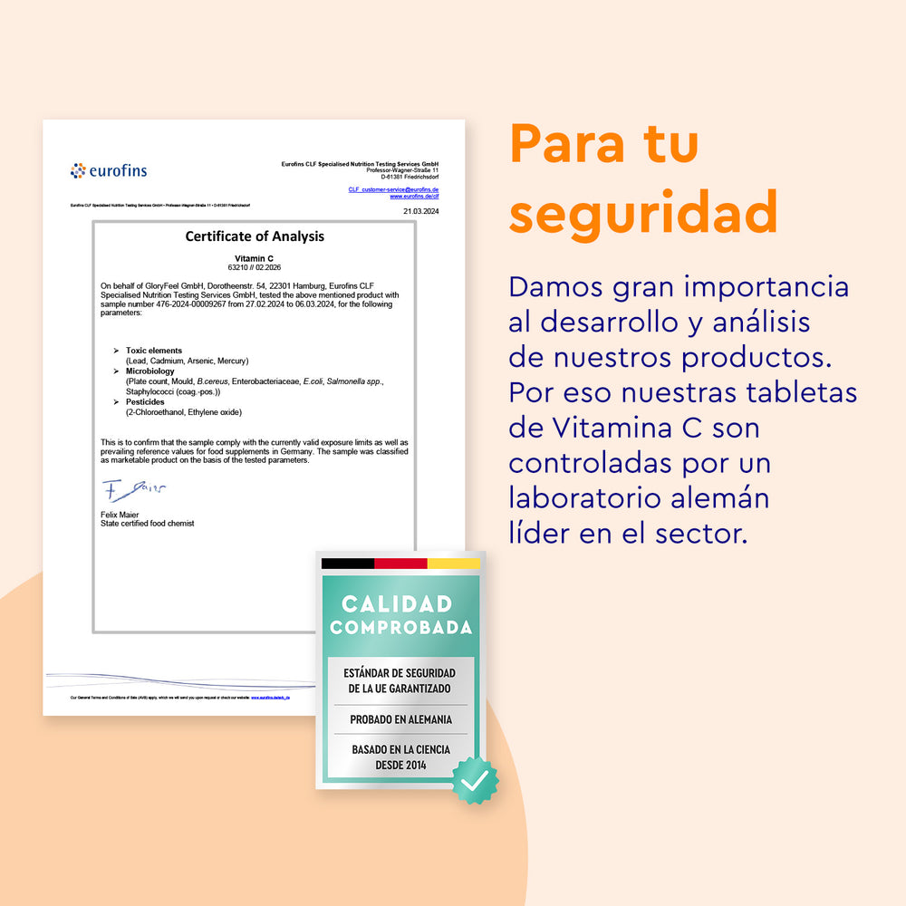 GloryFeel GmbH España presenta un certificado de análisis para su Vitamina C en tabletas, emitido por un laboratorio alemán líder. Con un sello de calidad y texto en español sobre los estándares de prueba, el producto cumple con el sistema inmunitario de forma natural, garantizando la seguridad y la calidad.