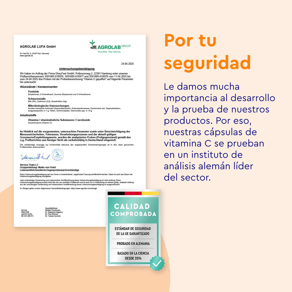 Documento en alemán sobre la seguridad y prueba de las Cápsulas de Vitamina C Tamponada de GloryFeel GmbH Spain, acompañado de dos recuadros informativos en español realizados por un instituto líder en análisis alemán.