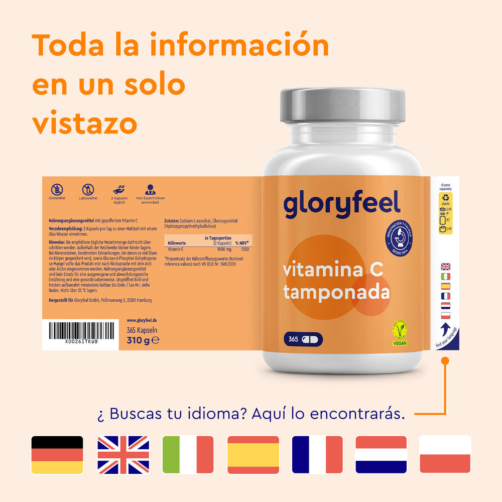 Se muestra un frasco de Cápsulas de Vitamina C Tamponada de GloryFeel GmbH España con una etiqueta naranja. El texto en español muestra los detalles del producto y las banderas de varios países indican las opciones de idioma.