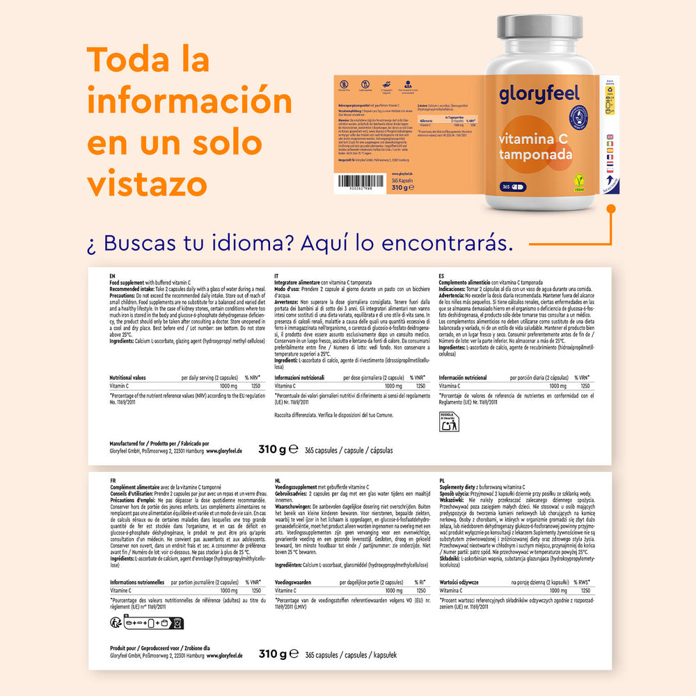 Se muestra el embalaje de Cápsulas de Vitamina C Tamponada de GloryFeel GmbH España, junto a un folleto multilingüe en español, portugués, francés e italiano.