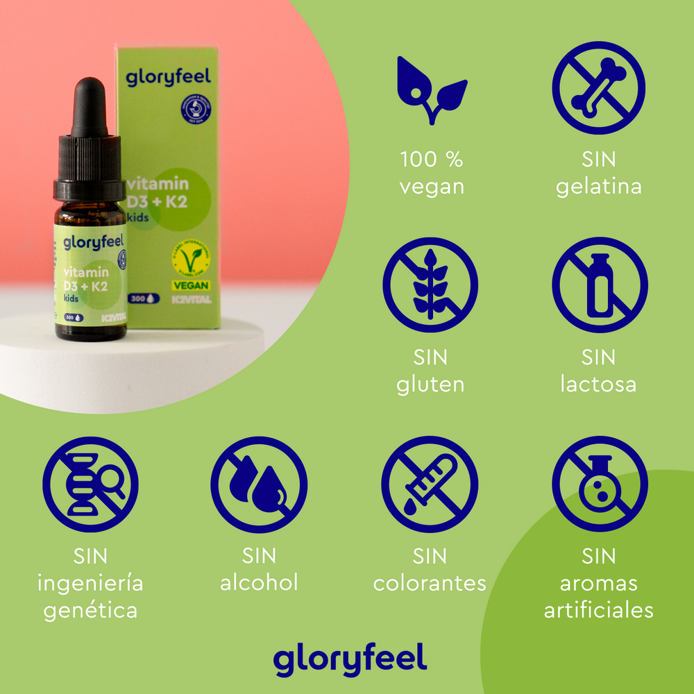 La Vitamina D3 + K2 para Niños en Gotas de Gloryfeel GmbH es 100 % vegana y no contiene gelatina, gluten, lactosa, alcohol, colorantes ni saborizantes artificiales. Ideal para las necesidades de toda la familia y apta como gotas para niños.