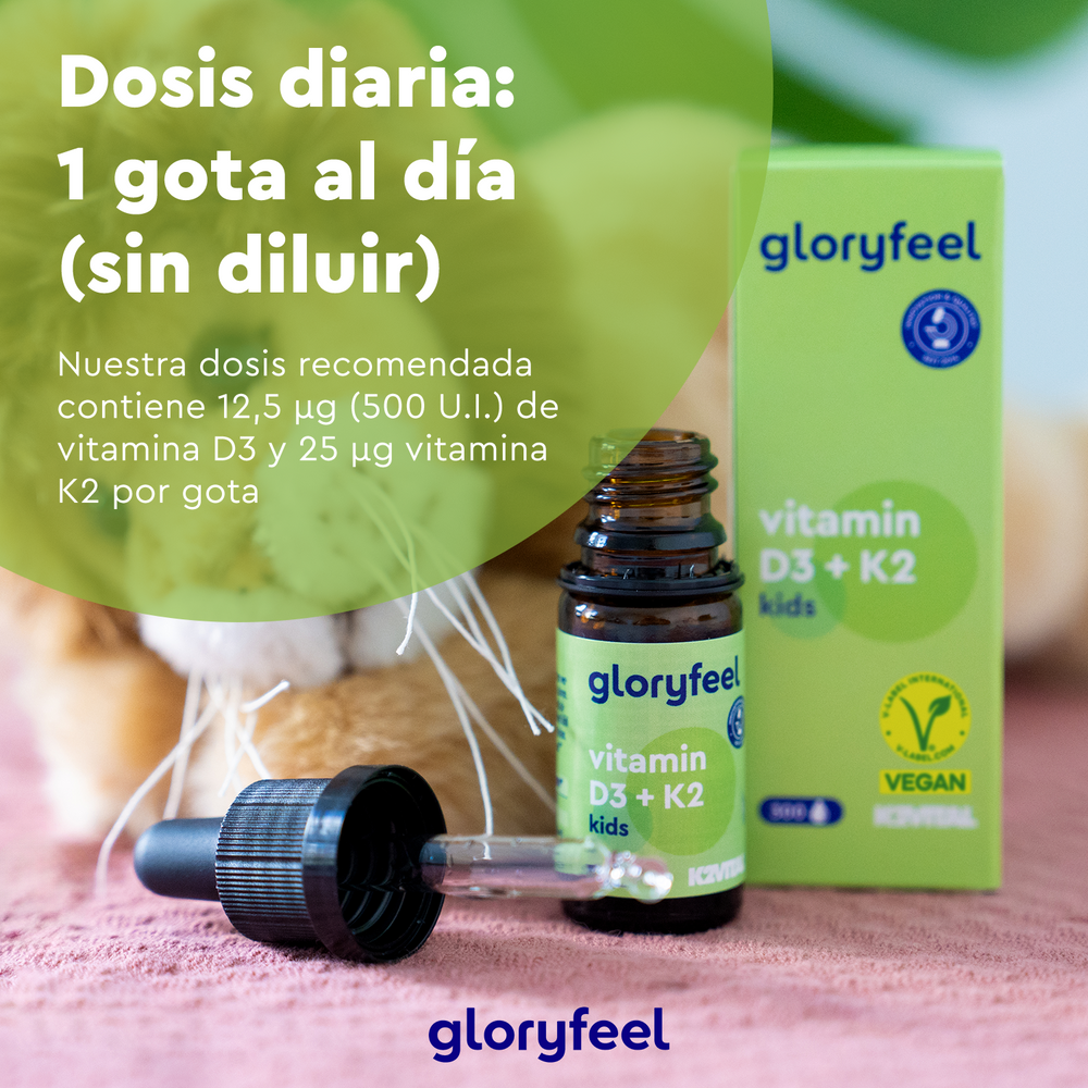 La Vitamina D3 + K2 para Niños en Gotas de Gloryfeel GmbH es un suplemento apto para niños con gotero e instrucciones de dosificación claras, ideal para apoyar la salud de los niños.