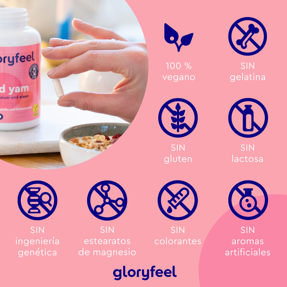 Una mano sostiene una cápsula vegana cerca de una botella de &quot;Wild Yam o raíz de ñame silvestre&quot; de gloryfeel GmbH, con diosgenina de Ñame Silvestre. Los iconos indican sus atributos: 100 % vegano, libre de gelatina, gluten, lactosa, ingeniería genética, estearato de magnesio, colorantes y aromas artificiales.