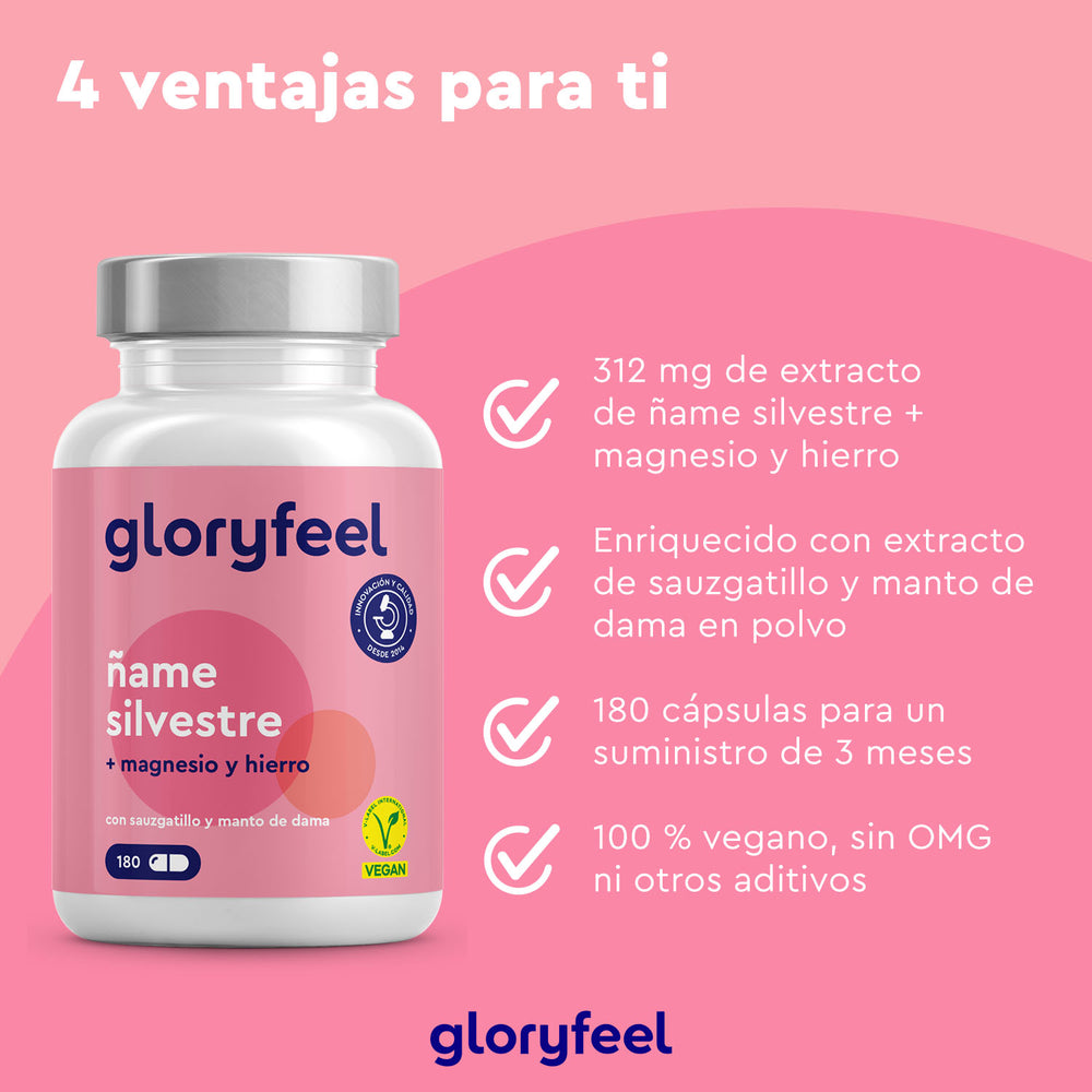 Imagen de un frasco de suplemento con la etiqueta &quot;Gloryfeel Wild Yam o raíz de ñame silvestre&quot;. Destaca el extracto de ñame silvestre, rico en diosgenina, con magnesio y hierro. Ofrece un suministro de 3 meses de cápsulas 100 % veganas, sin OMG ni aditivos.