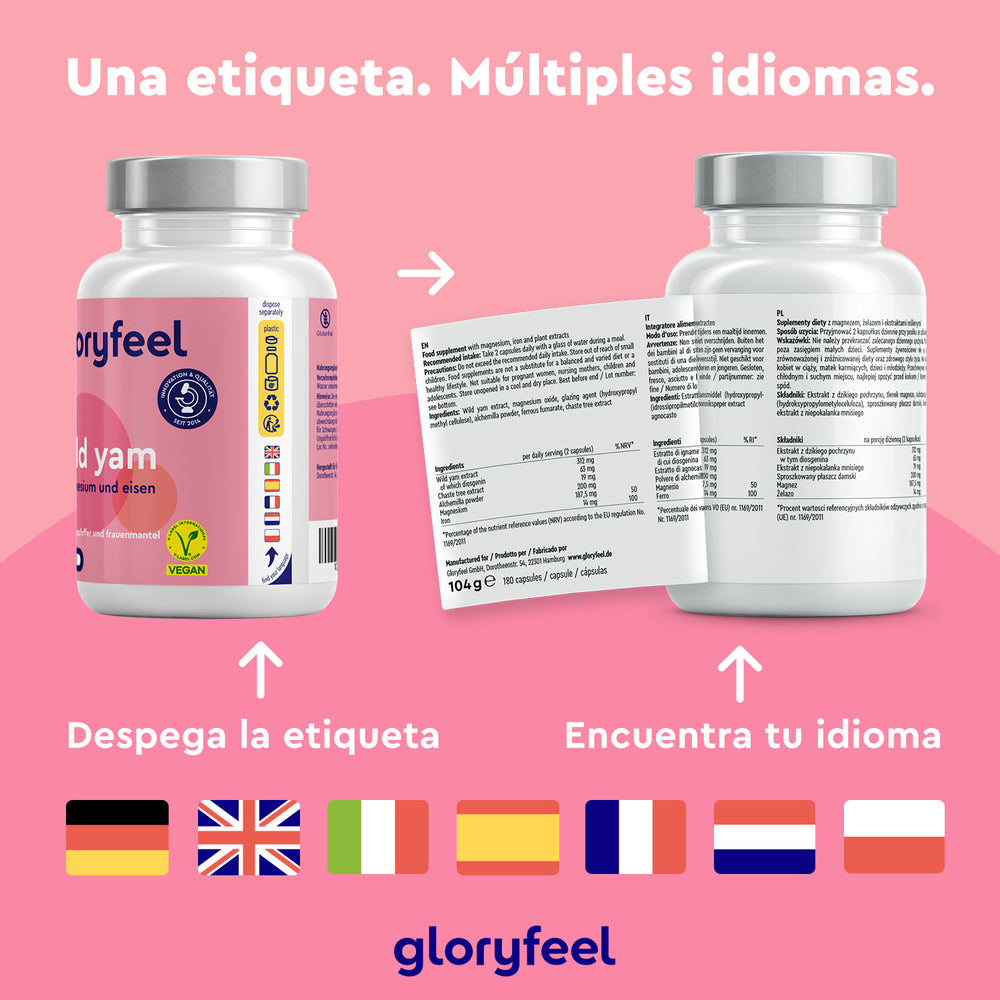 Dos botellas de Ñame Silvestre (raíz de ñame silvestre) de gloryfeel GmbH, con etiquetas multilingües. Una etiqueta se despega para mostrar traducciones y banderas de países. Texto: &quot;Una etiqueta. Múltiples idiomas&quot;. Perfecto para encapsular el poder de las cápsulas veganas.