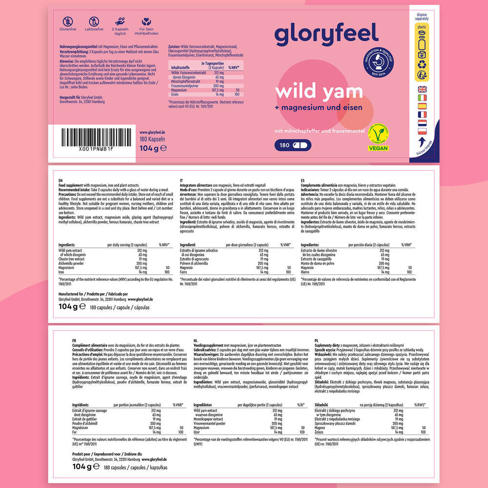 El suplemento &quot;Wild Yam o raíz de ñame silvestre&quot; de gloryfeel GmbH presenta un envase etiquetado con magnesio y hierro. Incluye información nutricional, un símbolo vegano y destaca la diosgenina del ñame silvestre. El fondo rosa muestra texto multilingüe con áreas de texto blancas.