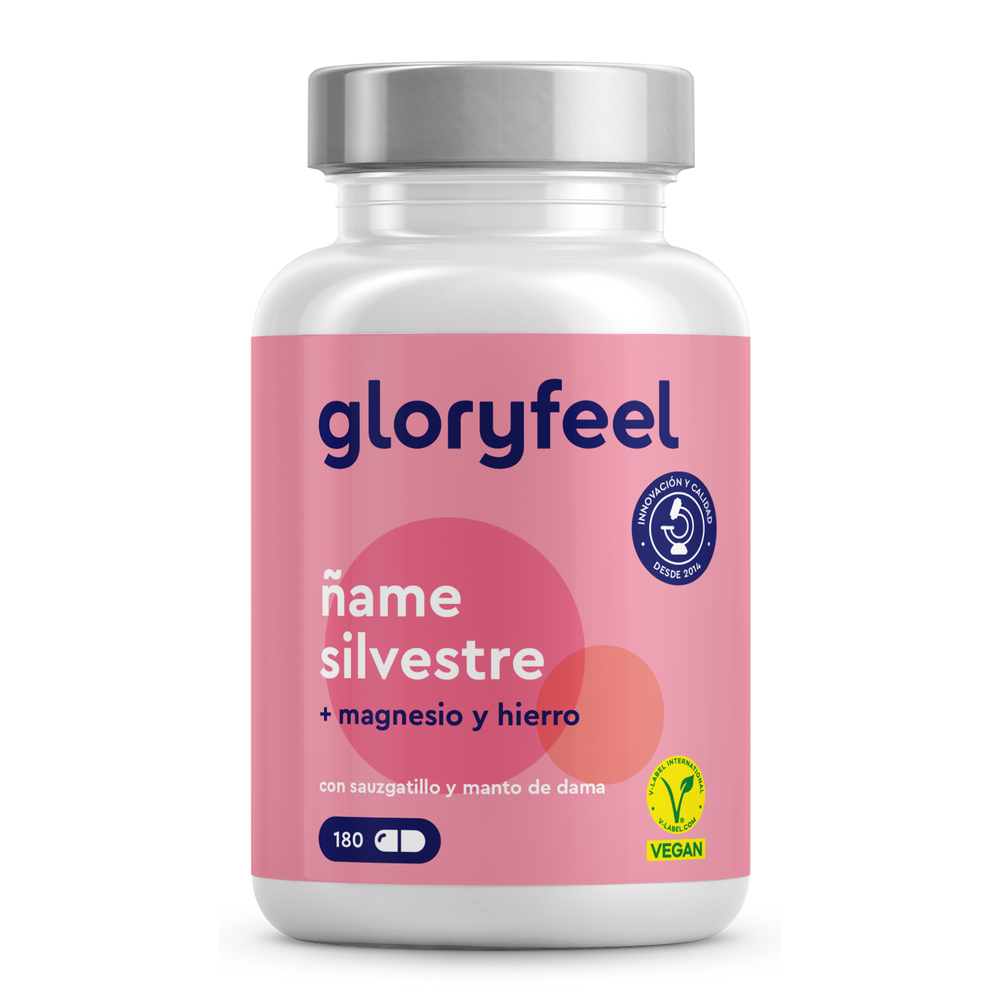 Una botella blanca con una etiqueta rosa &quot;gloryfeel GmbH&quot; contiene 180 tabletas de Wild Yam o raíz de ñame silvestre, enriquecida con diosgenina, hierro, sauzgatillo y manto de dama.