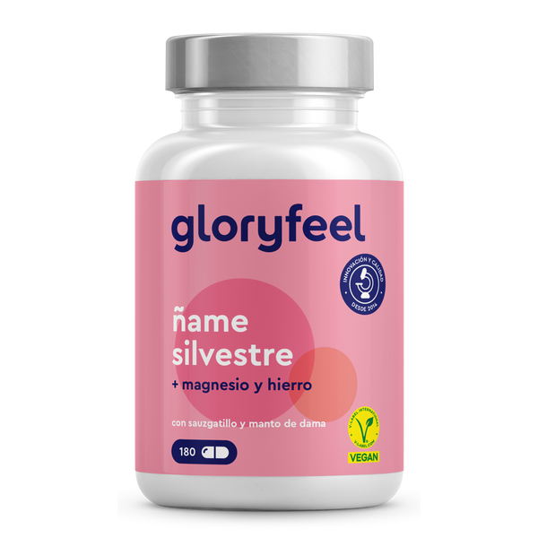 Una botella blanca con una etiqueta rosa &quot;gloryfeel GmbH&quot; contiene 180 tabletas de Wild Yam o raíz de ñame silvestre, enriquecida con diosgenina, hierro, sauzgatillo y manto de dama.