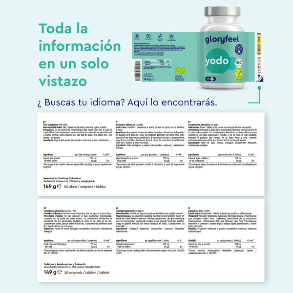 El embalaje multilingüe de los comprimidos BIO Yodo 225µg de gloryfeel GmbH España incluye información sobre la dosis y los ingredientes.
