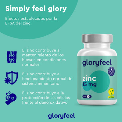 Un frasco de Gloryfeel GmbH Zinc 15 mg - 400 comprimidos, con texto en español, destaca beneficios para la salud como el refuerzo inmunitario y la protección celular. Está etiquetado como vegano para facilitar tu camino hacia el bienestar.