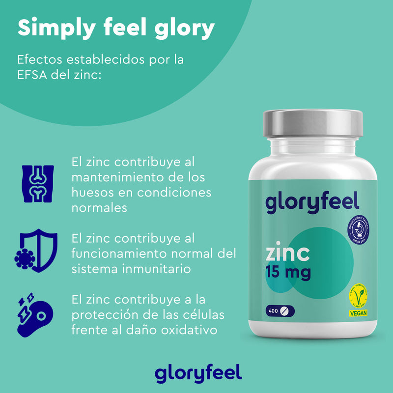 Un frasco de Gloryfeel GmbH Zinc 15 mg - 400 comprimidos, con texto en español, destaca beneficios para la salud como el refuerzo inmunitario y la protección celular. Está etiquetado como vegano para facilitar tu camino hacia el bienestar.