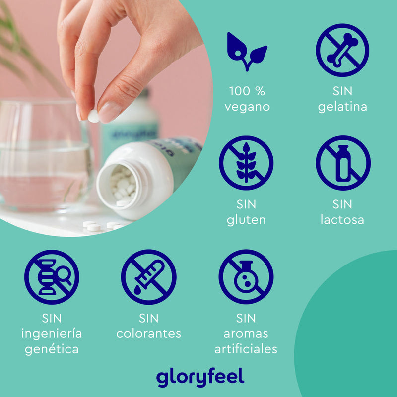 Una mano toma una cápsula del frasco de Gloryfeel GmbH Zinc 15 mg - 400 tabletas cerca de un vaso de agua. Los iconos indican que el suplemento es vegano y no contiene gelatina, gluten, lactosa, OGM, colorantes ni saborizantes artificiales. Disfrute de una salud óptima con la pureza de su rico zinc en cada dosis.
