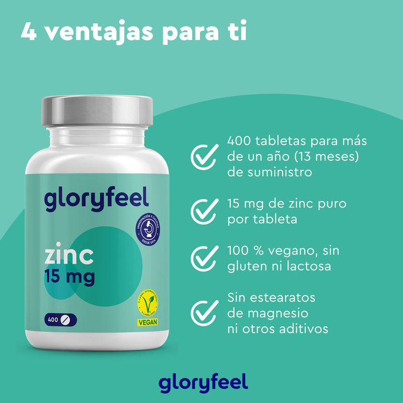 Imagen de un producto de Gloryfeel GmbH: "Zinc 15 mg - 400 tabletas", destacando beneficios como el suministro para un año completo, cada tableta vegana y sin aditivos apoya su sistema inmunológico.