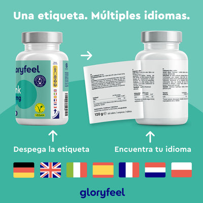 Dos frascos de Zinc 15 mg - 400 comprimidos de Gloryfeel GmbH cuentan con etiquetas desprendibles multilingües con indicadores de traducción. Texto: "Una etiqueta. Múltiples idiomas". Este suplemento refuerza su sistema inmunitario a nivel internacional.