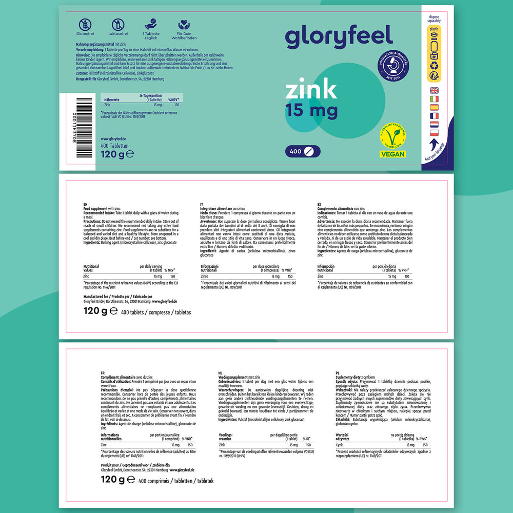 Envase y folleto informativo del suplemento de zinc Gloryfeel GmbH de 15 mg, con gluconato de zinc para reforzar el sistema inmunitario. Contiene 400 comprimidos de 120 g. Etiqueta vegana y certificaciones visibles.