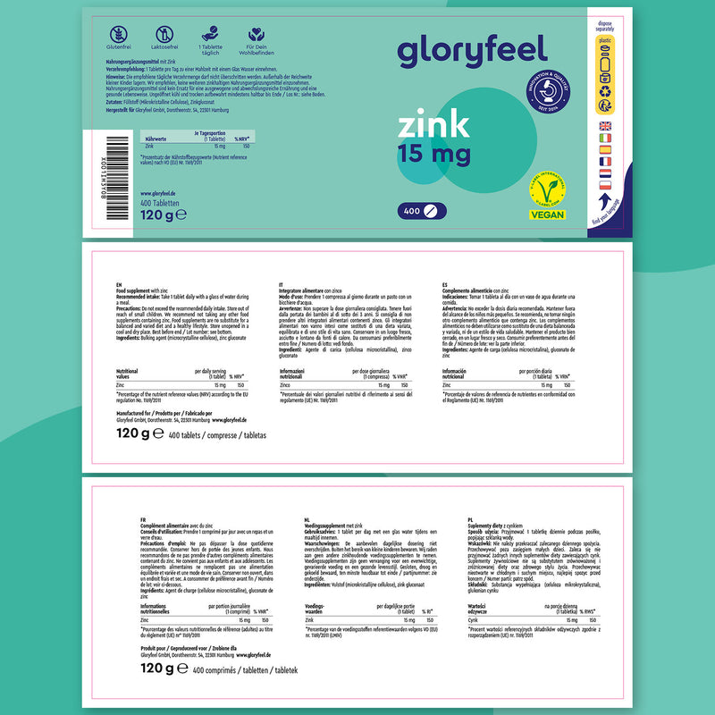 Envase y folleto informativo del suplemento de zinc Gloryfeel GmbH de 15 mg, con gluconato de zinc para reforzar el sistema inmunitario. Contiene 400 comprimidos de 120 g. Etiqueta vegana y certificaciones visibles.