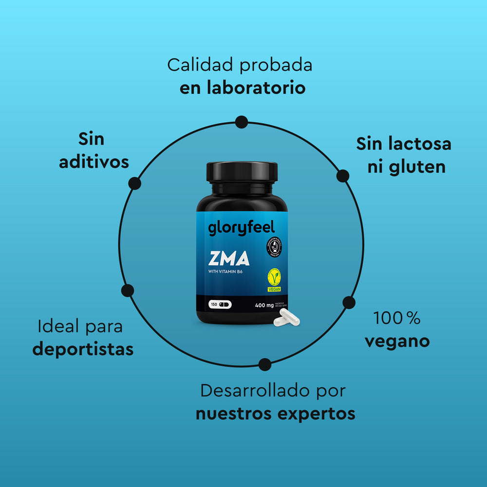 La botella &quot;ZMA - Zinc y Magnesio más vitamina B6&quot; de gloryfeel GmbH España se destaca sobre un fondo degradado azul, con afirmaciones de ser sin gluten, sin lactosa, vegano, sin aditivos, probado en laboratorio, apto para deportistas y desarrollado por expertos.