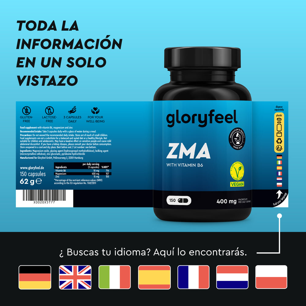 Un frasco de ZMA - Zinc y Magnesio más vitamina B6 de gloryfeel GmbH España, con 150 cápsulas sobre un fondo azul con texto multilingüe, muestra iconos veganos y libres de alérgenos.