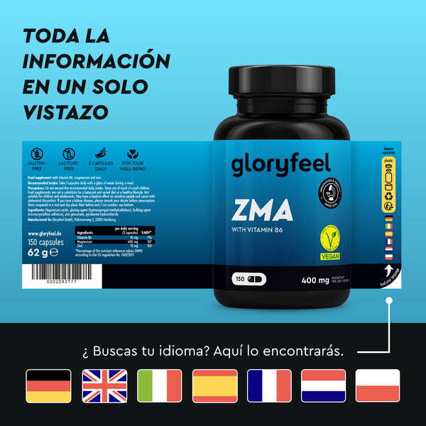 Un frasco de ZMA - Zinc y Magnesio más vitamina B6 de gloryfeel GmbH España, con 150 cápsulas sobre un fondo azul con texto multilingüe, muestra iconos veganos y libres de alérgenos.
