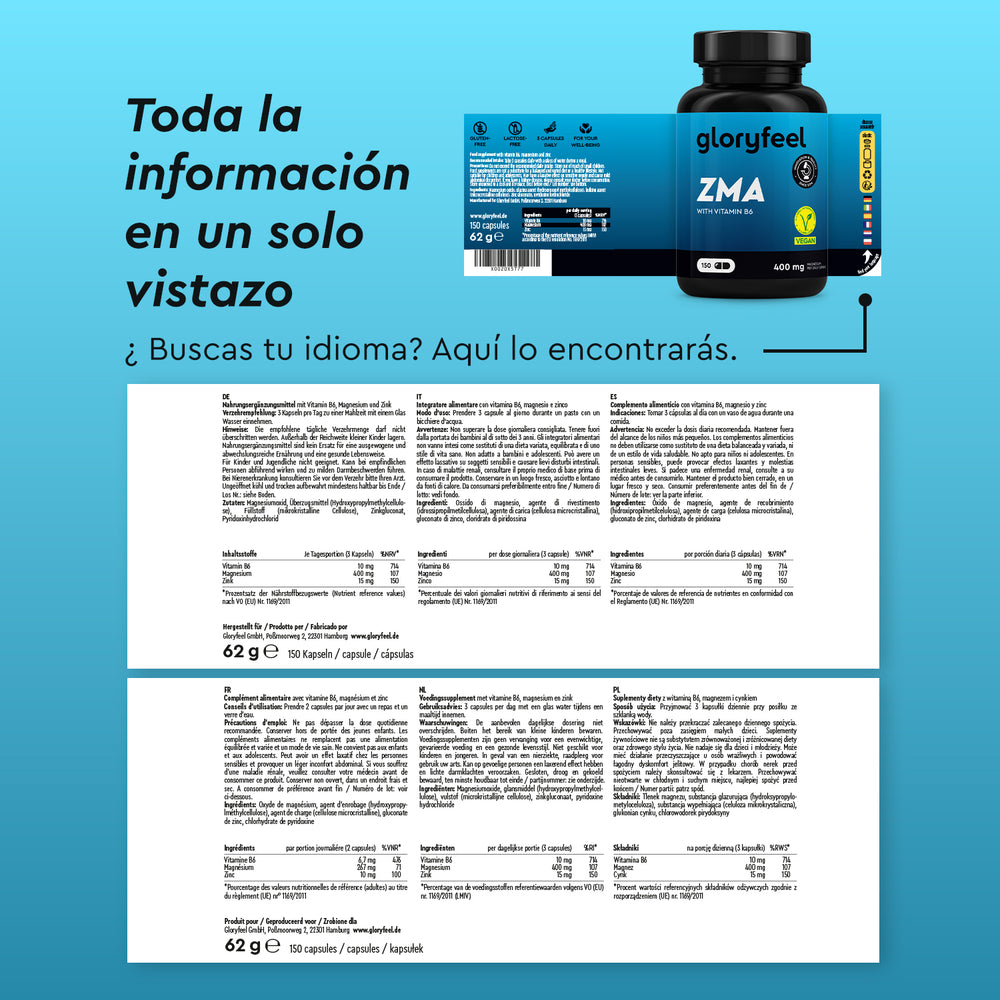 Imagen del envase del suplemento ZMA - Zinc y Magnesio más vitamina B6 de gloryfeel GmbH España, con información detallada del producto, ingredientes e instrucciones en varios idiomas sobre un fondo azul.