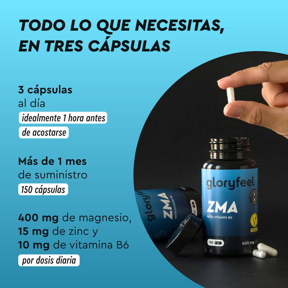 Una mano sostiene una cápsula sobre un frasco de ZMA - Zinc y Magnesio más vitamina B6 de gloryfeel GmbH España. El texto destaca: dosis de 3 cápsulas diarias, para un mes de suministro, con magnesio, zinc y vitamina B6.