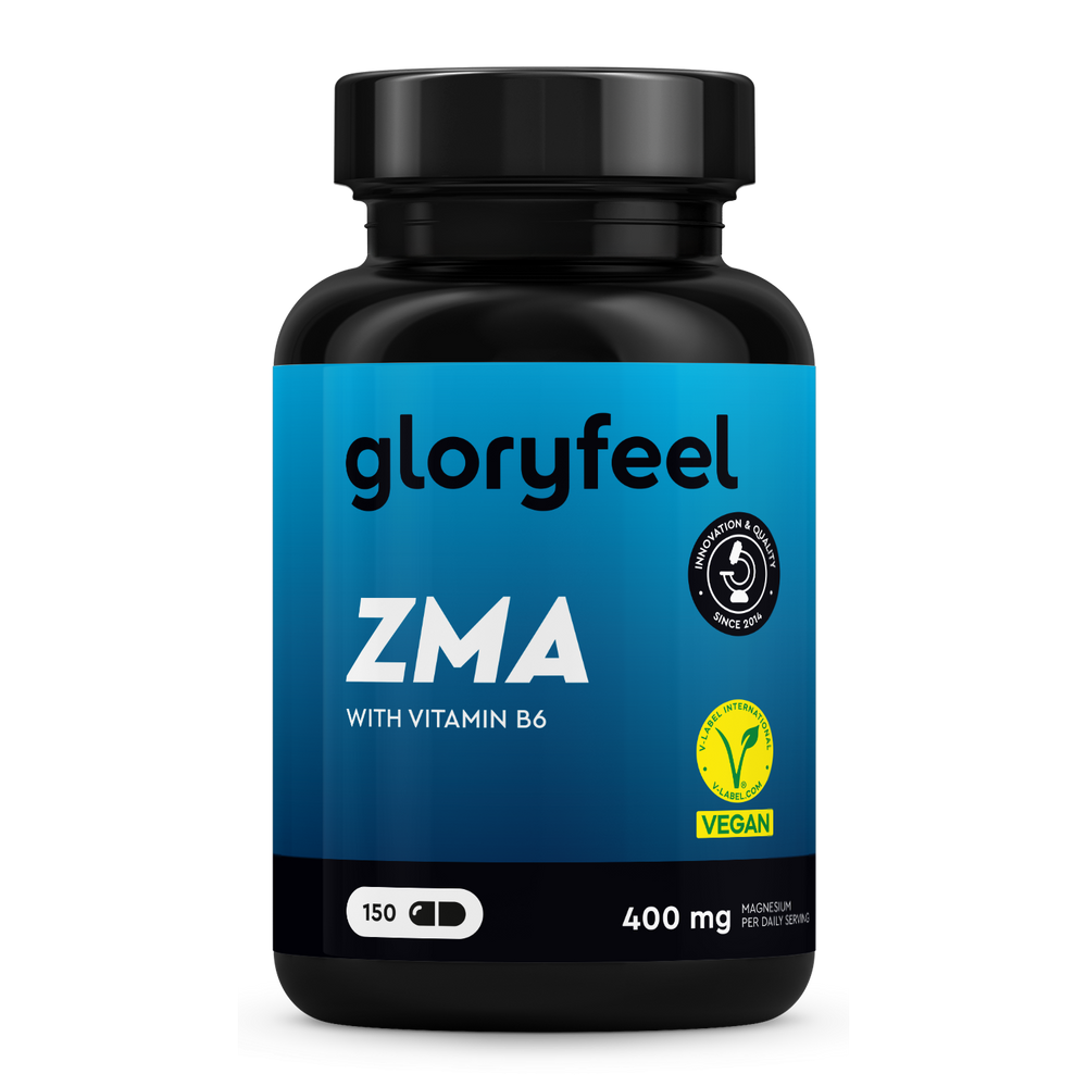 Una botella negra con etiqueta azul de gloryfeel GmbH España, con la leyenda &quot;ZMA - Zinc y Magnesio más vitamina B6&quot;, contiene 150 cápsulas de 400 mg cada una. Vegano certificado.